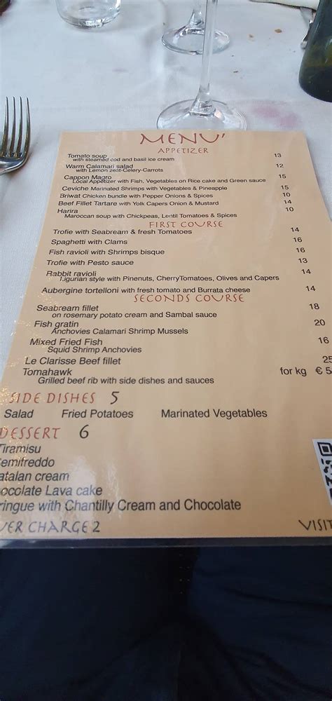 Menu at Le Clarisse restaurant, Lazzaro